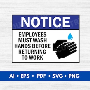 May include: A blue and white sign with the text "NOTICE" in large white letters. The sign reads "Employees must wash hands before returning to work". A black and white illustration of two hands washing with a blue water drop above them.