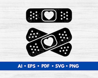 Vector de vendas de corazón, clip art de curitas, archivo de corte de símbolo de vendaje, curitas SVG - Descarga digital