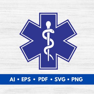 May include: A blue six-pointed star with a white caduceus symbol in the center. The star is outlined in white.