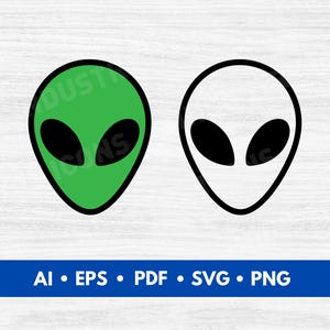 May include: Two alien head silhouettes, one green and one white, with black eyes. The alien heads are facing forward.