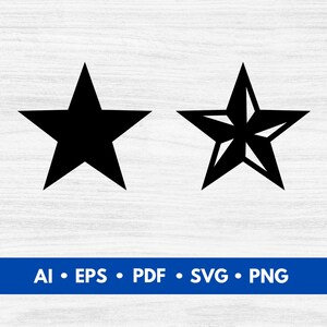 May include: Two black star shapes, one with a five-pointed star and the other with a more intricate design. Both stars are isolated on a white background.