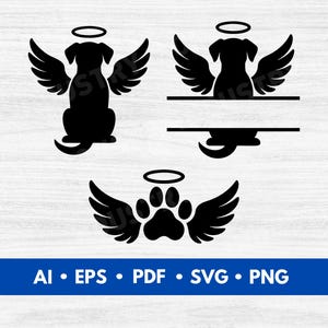 May include: Black silhouette of a dog with angel wings and a halo. The dog is sitting with its tail curled. Below the dog is a paw print with angel wings. The image is on a white wood background.