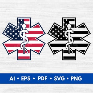 May include: Two versions of a star of life medical symbol with an American flag design. One version is red, white, and blue. The other version is black and white.