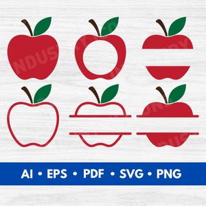 May include: A collection of red apple designs with green leaves and brown stems. Some apples have a blank space for text. The bottom of the image has the text "AI • EPS • PDF • SVG • PNG" in white letters on a blue background.
