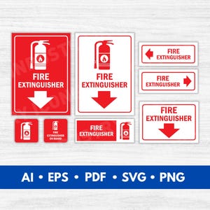 May include: A set of eight red and white fire extinguisher signs with an arrow pointing down. The signs include the text "Fire Extinguisher" and a graphic of a fire extinguisher.