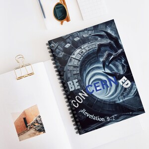 May include: Spiral notebook with a black and blue design featuring a large, clawed hand reaching out from a swirling vortex. The text "BE CONCERNED" is written in white letters with a blue outline. The text "Revelation 9:2" is written in white letters below the vortex.