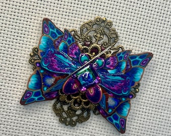 Aguja de mariposa de fantasía, imán de arcilla polimérica de pavo real, regalo de punto de cruz