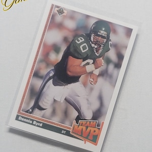 Carte à collectionner de football Dennis Byrd, MVP de l'équipe - Équipement défensif emblématique des Jets de New York - État neuf