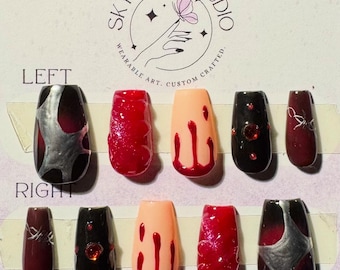 Red and Black Bloody Press On Nails | Halloween Vampire Nails | Handmade Gothic Nail Set