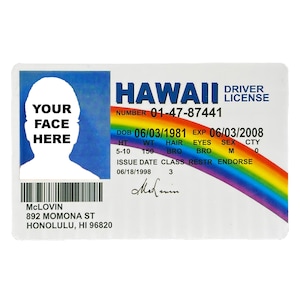 May include: A rectangular Hawaii driver licence card featuring a rainbow graphic, a white silhouette placeholder with the text YOUR FACE HERE, the name McLovin, address 892 Momona St, Honolulu, HI 96820, and licence number 01-47-87441 with a barcode.