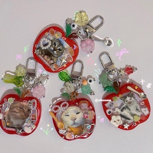 May include: Four red apple-shaped keychains with silver key rings. Each keychain features a different cat photo and various colorful embellishments, including a spoon, stars, and hearts.
