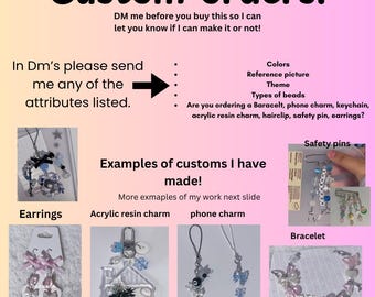 Colgantes para teléfono, llaveros, pulseras, cuadros personalizados, pinzas para el cabello, pendientes hechos a mano por encargo.