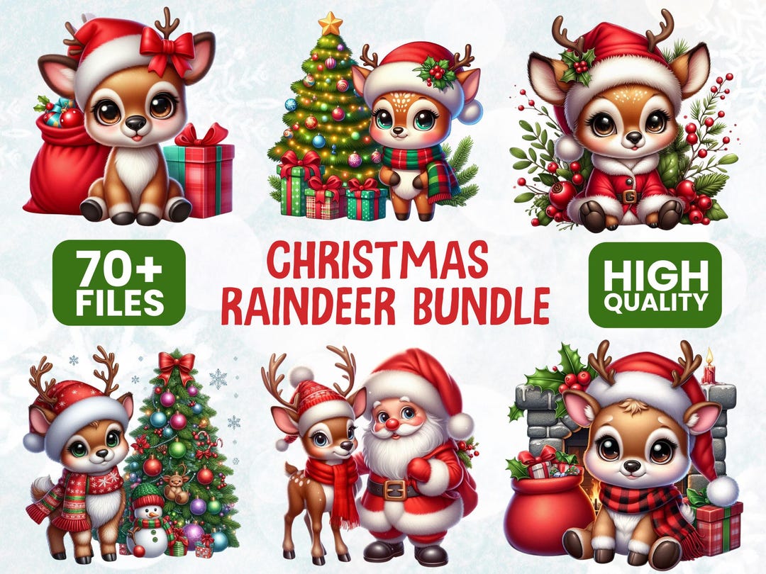 70 Cute Reindeer PNG Clipart Set, Watercolor Santa Reindeer Graphics ...