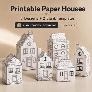 Puede incluir: Un conjunto de casas de papel imprimibles con 8 diseños y 2 plantillas en blanco en un PDF de 12 páginas. Las estructuras de papel blanco muestran dibujos de líneas negras de varios estilos de casas con ventanas, puertas, techos y chimeneas.