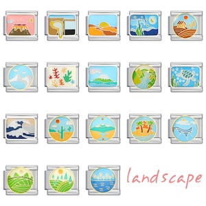 Puede incluir: Un conjunto de 16 abalorios de esmalte de colores que representan diferentes escenas de paisajes. Los abalorios son plateados con un borde dorado y están diseñados para encajar en una pulsera de abalorios. Los abalorios presentan escenas como un volcán, un desierto, una cascada, una playa y un bosque. La palabra "paisaje" está escrita en letras rosas en la parte inferior de la imagen.