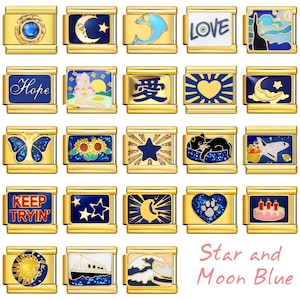 May include: A selection of gold charm bracelets with blue enamel designs. The charms depict a dolphin, moon, stars, sun, and the word "Love". The text "KEEP TRYIN'" is also visible.
