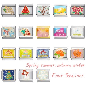 Könnte beinhalten: Ein Set mit 12 bunten Emaille-Anhängern, die die vier Jahreszeiten darstellen. Die Anhänger zeigen Bilder von einer Wassermelone, einer Winterszene, einem Weihnachtsbaum, einem Schneemann, einer Schneeflocke, einer Frühlingsblume, einer Sommerszene, einem Herbstblatt, einer Traube, einer Erdbeere, einem Sonnenuntergang und einer Winterszene mit dem Wort "Winter".