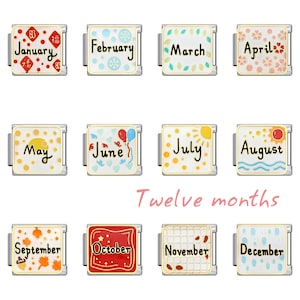 May include: Twelve charm tiles featuring a different design for each month of the year. The tiles are silver with gold trim and feature colorful illustrations and the name of each month.