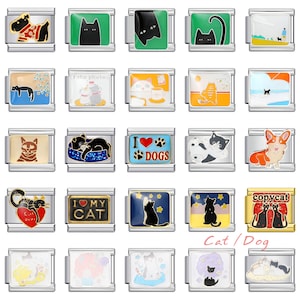 Puede incluir: Un conjunto de 20 abalorios de esmalte de colores con motivos de gatos y perros. Los abalorios están diseñados para usar con pulseras de abalorios. Los abalorios presentan una variedad de diseños, incluyendo gatos durmiendo, gatos jugando, perros durmiendo, perros jugando y otros diseños con temática animal. Los abalorios son todos plateados y tienen un acabado brillante.