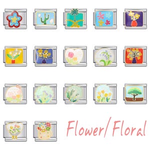 May include: A selection of silver charm links, each with a different colourful floral design. The charms depict various flowers and arrangements, such as a cactus, tulips, and a tree. The text "Flower/Floral" is displayed in pink script.