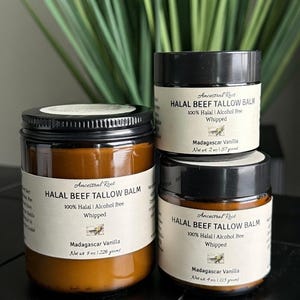 Bálsamo de sebo de vainilla / Sebo de res halal alimentada con pasto / Vaina de vainilla de Madagascar / Manteca de karité cruda / Aceite de jojoba prensado en frío