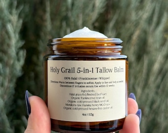 Bálsamo de sebo Holy Grail 5 em 1 - Sebo bovino alimentado com capim halal com olíbano | Mel de Manuka | Óleo de semente preta | Óleo de rícino ~ Natural orgânico
