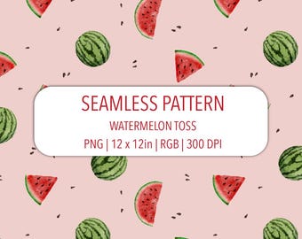 Watermelon Toss Seamless Pattern PNG File Hand Drawn Watercolor Red Green Melon Slice on Pink Summer Repeat Childish Kid Fabric Print