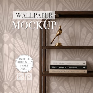 Elegant Bookshelf Wallpaper Mockup PSD File Smart Object Editable Photoshop Photopea Mockup White PNG Etsy Shopify Listing Images Minimalist