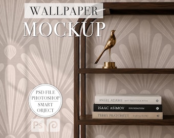 Elegant Bookshelf Wallpaper Mockup PSD File Smart Object Editable Photoshop Photopea Mockup White PNG Etsy Shopify Listing Images Minimalist