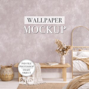 Rustic Cottage Bedroom Wallpaper Mockup PSD File Smart Object Editable Photoshop Photopea Mural Mockup PNG Etsy Shopify Listing Image