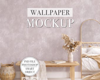 Rustic Cottage Bedroom Wallpaper Mockup PSD File Smart Object Editable Photoshop Photopea Mural Mockup PNG Etsy Shopify Listing Image