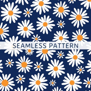 May include: A seamless pattern featuring white daisy flowers with bright orange centres arranged against a solid dark navy blue background. A horizontal white banner across the centre displays the text SEAMLESS PATTERN in dark blue.
