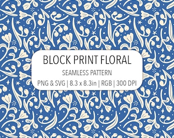 Floral Seamless Pattern SVG PNG File Cream White Block Print Flowers On Blue Background Botanical Fabric Brint Digital Paper