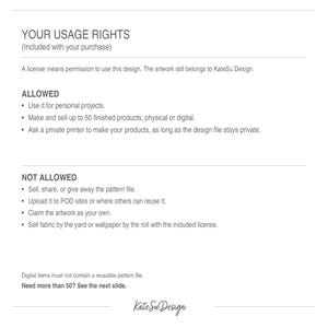 May include: A white document titled YOUR USAGE RIGHTS outlining terms for KateSu Design. It lists allowed uses like personal projects and selling up to 50 finished products, and prohibited actions such as sharing files or uploading to POD sites.