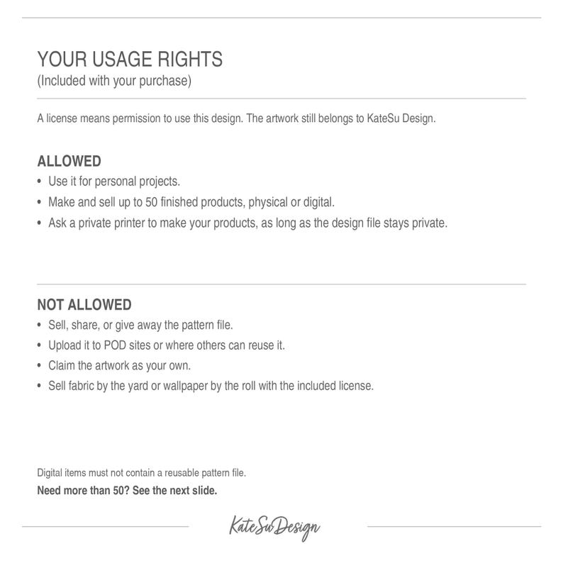 May include: A white document titled YOUR USAGE RIGHTS outlining terms for KateSu Design. It lists allowed uses like personal projects and selling up to 50 finished products, and prohibited actions such as sharing files or uploading to POD sites.