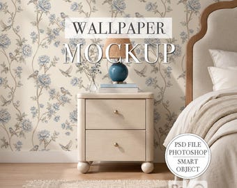 Mockup PSD di carta da parati moderna per camera da letto, oggetto intelligente modificabile, Photoshop, Photopea, mockup PNG, immagini di inserzioni Etsy e Shopify, stile scandinavo minimalista