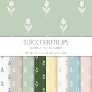 Conjunto de patrones sin costuras de tulipanes estampados en bloque (archivos PNG y SVG) con 8 combinaciones de colores. Elegante fondo de linograbado de tulipanes para impresión en tela digital.