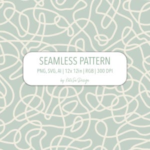 Può includere: Design a motivo continuo con sfondo verde chiaro e un design di linee astratte color crema. Il testo "SEAMLESS PATTERN" è visualizzato in un rettangolo bianco, insieme a dettagli tecnici e al nome del designer.