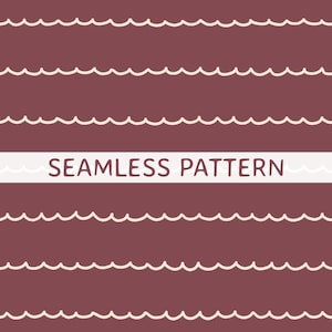 May include: A seamless pattern featuring horizontal rows of hand-drawn wavy lines in a light cream color set against a solid dark maroon background. A white horizontal banner across the center displays the text SEAMLESS PATTERN in maroon.
