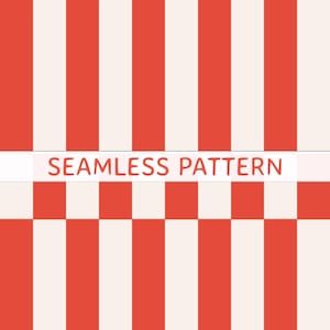 May include: A seamless pattern featuring vertical stripes in alternating shades of bright red and off-white. A horizontal white band across the center contains the text SEAMLESS PATTERN in a simple, sans-serif, orange-red font.