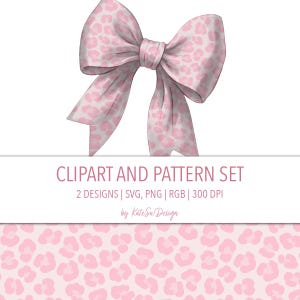 May include: A pink bow with a leopard print design. The bow is on a white background. Below the bow is the text "CLIPART AND PATTERN SET" with additional details about the designs.