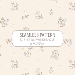 Puede incluir: Un diseño de patrón sin costuras con un fondo crema, adornado con flores blancas en forma de margarita y pequeños acentos marrones. El texto "SEAMLESS PATTERN" se muestra en un rectángulo blanco redondeado, junto con las dimensiones, los tipos de archivo y el nombre del diseñador.