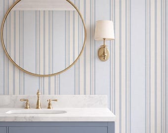 Light Blue Cream White Two Tone Stripe Wallpaper Pre Pasted or Peel and Stick Interior Wallpaper Elegant Vertical Blue Striped Wallpaper