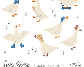 Silly Goose Clipart set – Cute Hand-Drawn Duck Illustration for Kids, Fabric, Baby Clothes, Sublimation PNG, Digital Instant Download