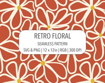 Motivo floreale retrò senza soluzione di continuità, file SVG PNG, stampa su tessuto anni '90, margherita bianca su carta digitale rosso terracotta, sfondo con petali distorti