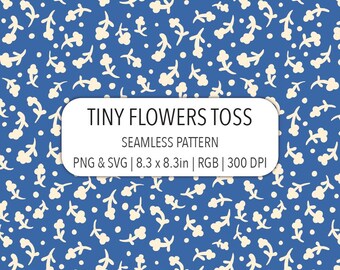Ditsy floral seamless pattern SVG PNG File tiny cream white flower toss on cobalt blue background botanical fabric print