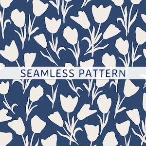 Könnte beinhalten: Ein nahtloses Muster mit cremeweißen Tulpensilhouetten auf einem einfarbigen dunkelblauen Hintergrund. Ein horizontales weißes Band in der Mitte zeigt den dunkelblauen Text SEAMLESS PATTERN in einer serifenlosen Schrift.