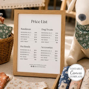 Preisliste, Verkäuferschild, bearbeitbare Canva-Vorlage für Kunsthandwerksmessen, druckbarer Preisständer, Preisschild für Kleinunternehmen, Festivalschild, bearbeitbare Preisliste