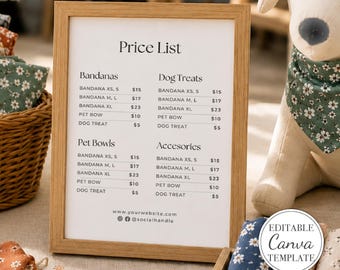 Price List Vendor Sign Editable Craft Show Seller Canva Template Printable Price Stand Small Business Festival Plate Editable Pricing Sheet