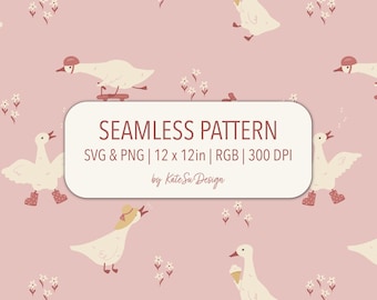May include: A seamless pattern on a dusty pink background featuring white geese in various activities, including skateboarding, wearing hats, and eating ice cream, interspersed with small white flowers. Text reads: SEAMLESS PATTERN SVG & PNG | 30.48 x 30.48cm | RGB | 300 DPI by KateSu Design.